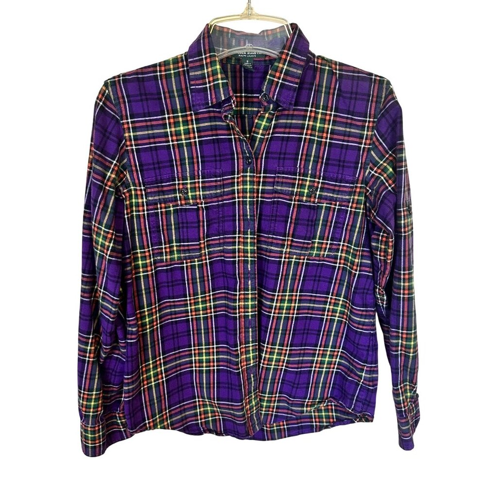 Lauren Ralph Lauren Womens Purple Plaid Button Up Shirt Small Cotton Long Sleeve